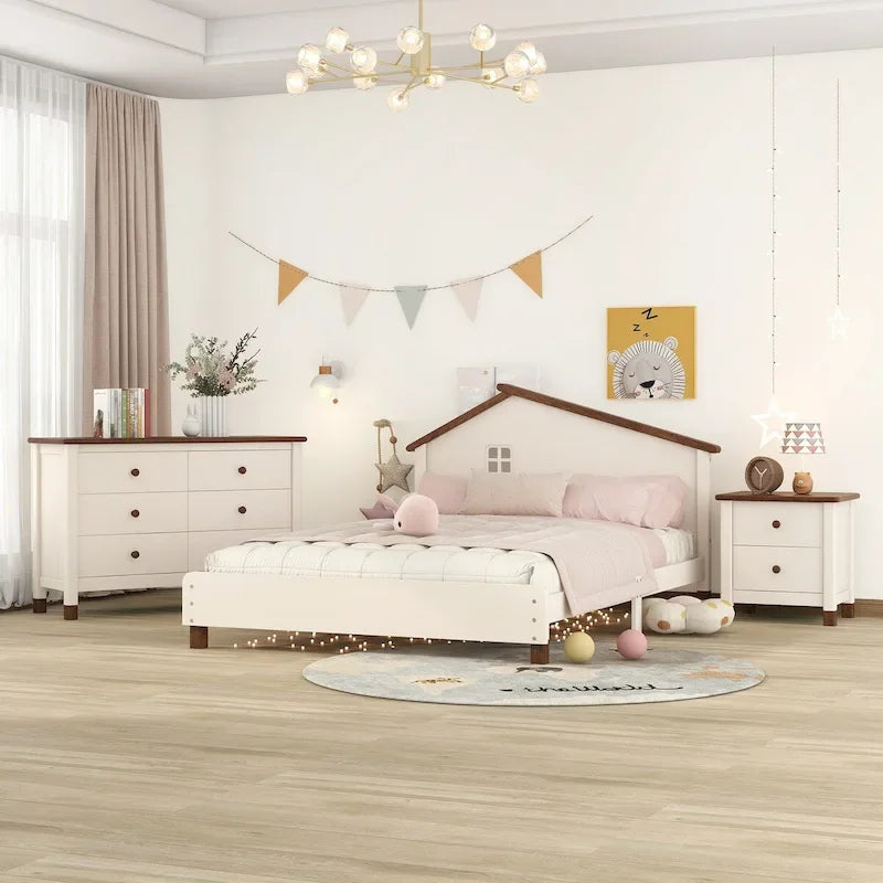 Ensembles de chambre à coucher 3 pièces, lit plateforme pleine grandeur avec table de chevet et commode de rangement, blanc+gris