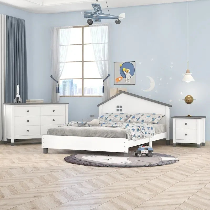 Ensembles de chambre à coucher 3 pièces, lit plateforme pleine grandeur avec table de chevet et commode de rangement, blanc+gris