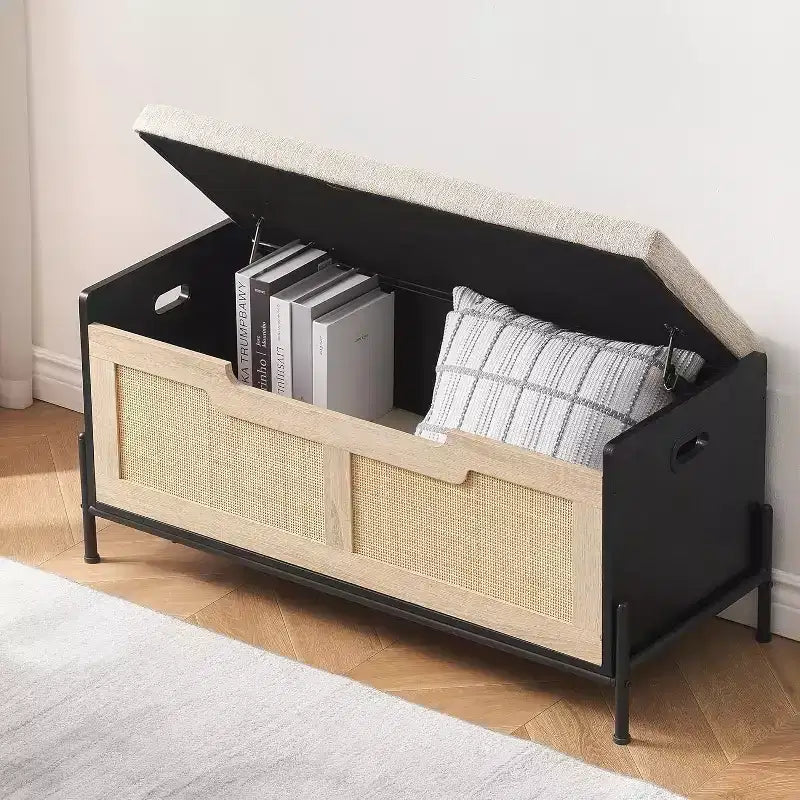 Acekool Banc de Rangement en Rotin avec Charnières de Sécurité, Banc à Chaussures Rembourré pour Entrée et Coffre de Rangement, pour Couloir, Chambre, Salon, Naturel