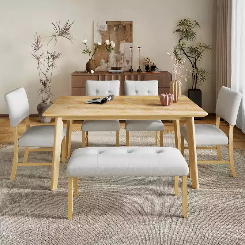 MAYEERTY Ensemble de salle à manger 6 pièces style ferme, Table en bois massif, 4 chaises et banc, Lavis bois naturel