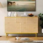 COZONY Commode cannelée 7 tiroirs, 137 cm de large, meuble de rangement moderne en bois avec design incurvé et poignées métalliques pour chambre à coucher ou salon
