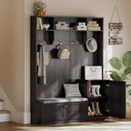 Banc et Rangement à Chaussures, Banc d'entrée de Ferme 3-en-1 avec Porte-Manteau, 4 Crochets, 4 Casiers à Chaussures et 3 Compartiments Ouverts, pour Entrée, Vestiaire
