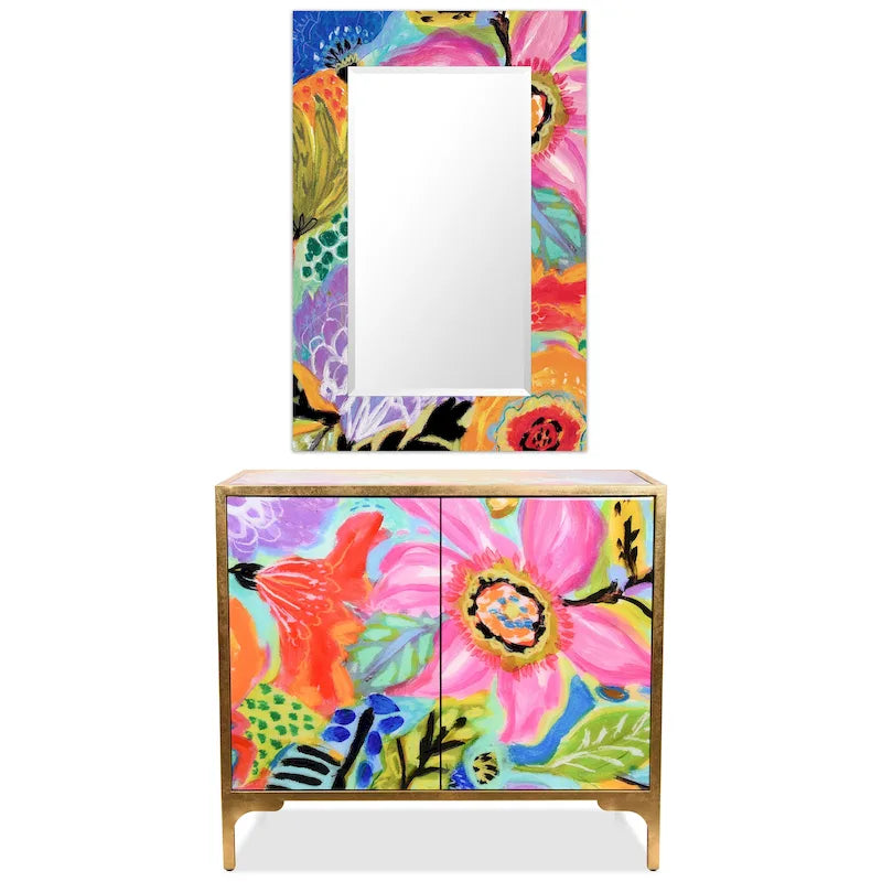 Ensemble Table Basse Console et Miroir de Jardin Secret Floral en Verre Biseauté Imprimé à l'Envers
