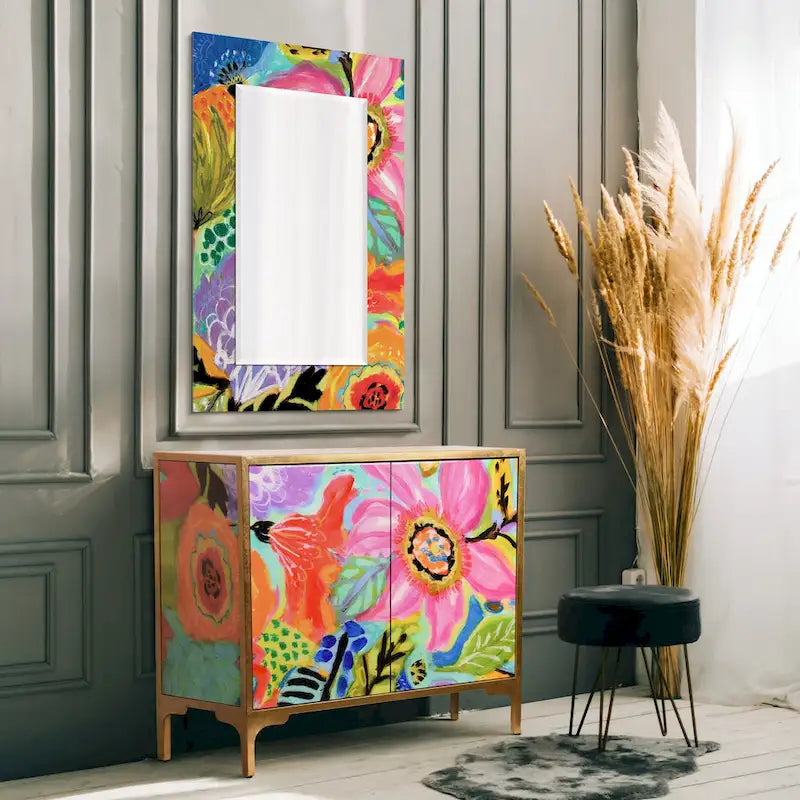 Ensemble Table Basse Console et Miroir de Jardin Secret Floral en Verre Biseauté Imprimé à l'Envers