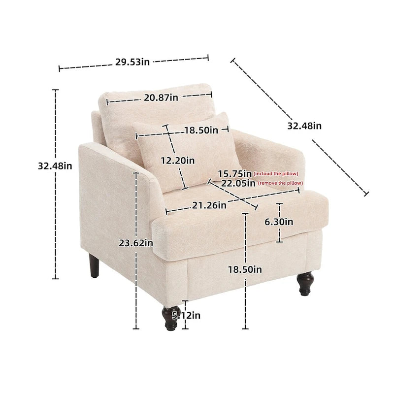 Fauteuil individuel en chenille, Fauteuil d'appoint rembourré avec coussin moelleux, Fauteuil de lecture moderne du milieu du siècle