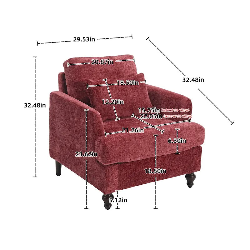 Fauteuil individuel en chenille, Fauteuil d'appoint rembourré avec coussin moelleux, Fauteuil de lecture moderne du milieu du siècle