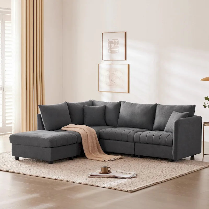 Canapé d'angle 5 places moderne en L avec rayures verticales, 2 coussins, pouf convertible