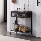 Console industrielle VECELO avec tiroir et étagères ouvertes, Table d'entrée rustique en bois et maille métallique, Table d'appoint de rangement pour salon ou couloir
