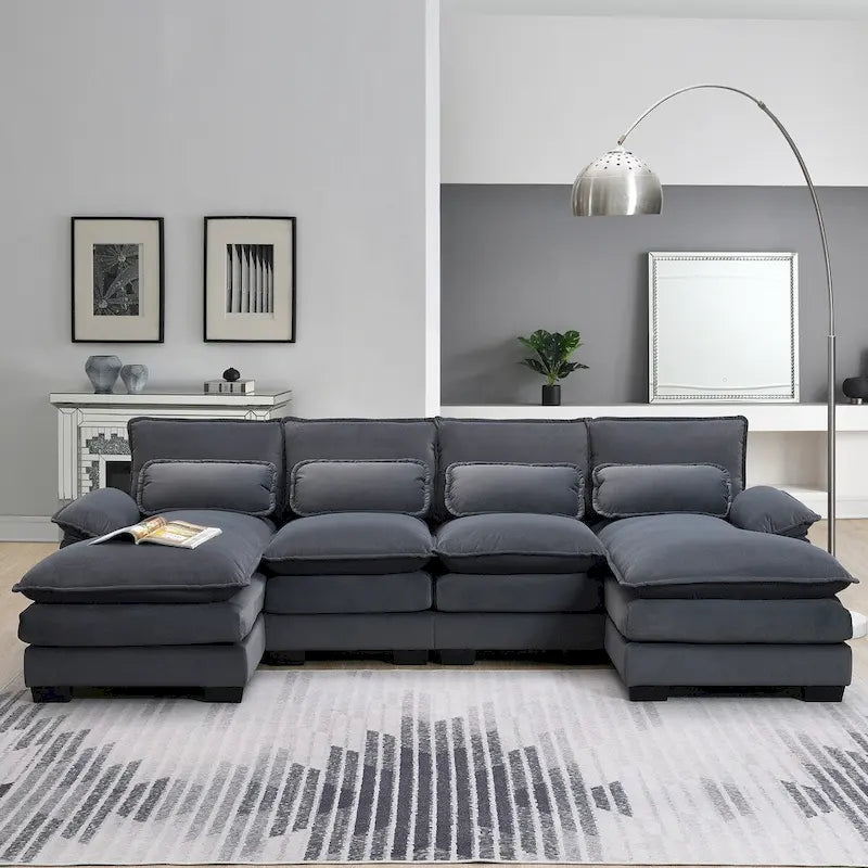Canapé sectionnel modulable en U gris moderne avec double méridienne
