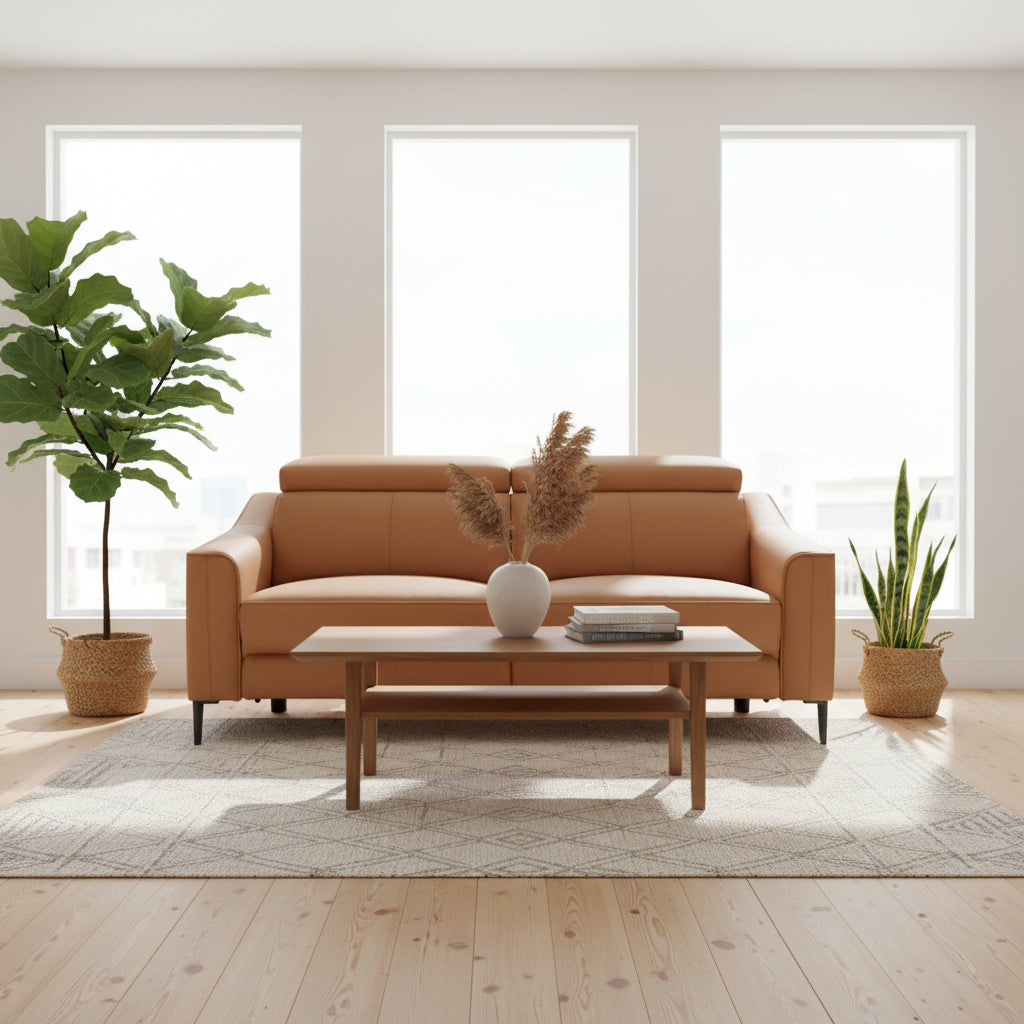 Canapé moderne en cuir couleur camel avec 2 sièges inclinables