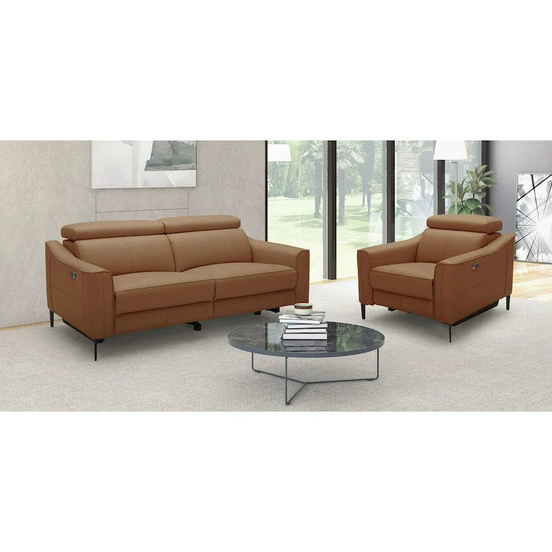 Canapé moderne en cuir couleur camel avec 2 sièges inclinables