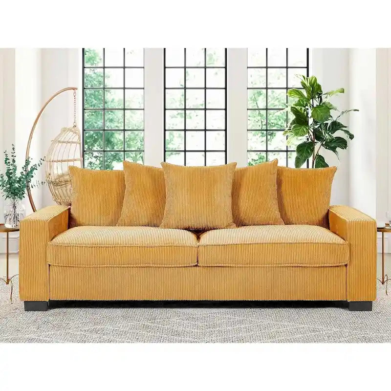 Canapé de salon de luxe avec 5 coussins décoratifs complémentaires, revêtement en velours côtelé doux, design épuré, grande taille