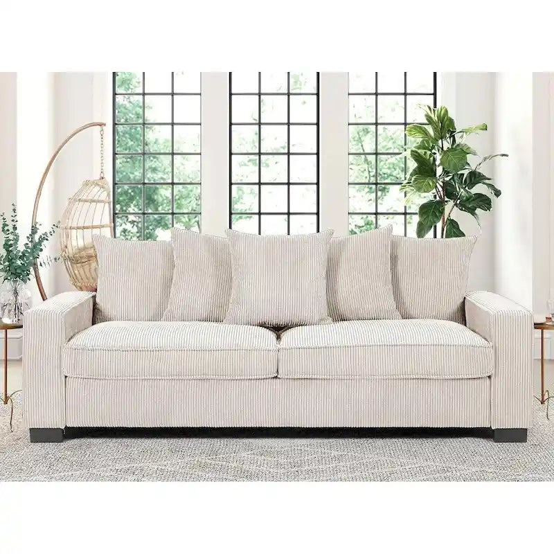 Canapé de salon de luxe avec 5 coussins décoratifs complémentaires, revêtement en velours côtelé doux, design épuré, grande taille