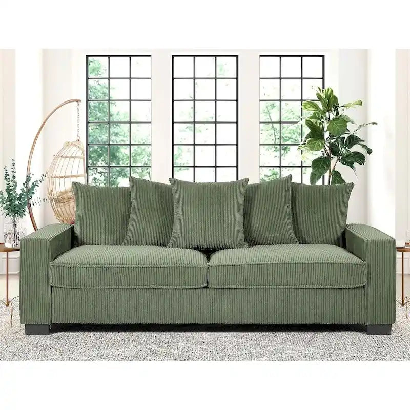 Canapé de salon de luxe avec 5 coussins décoratifs complémentaires, revêtement en velours côtelé doux, design épuré, grande taille
