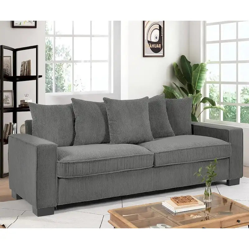 Canapé de salon de luxe avec 5 coussins décoratifs complémentaires, revêtement en velours côtelé doux, design épuré, grande taille