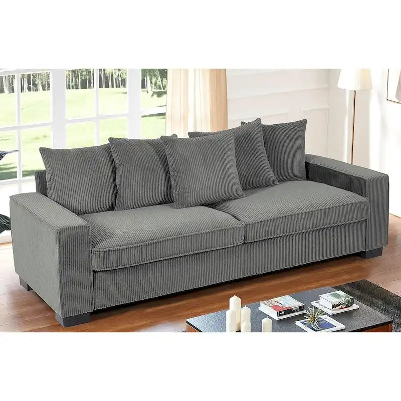 Canapé de salon de luxe avec 5 coussins décoratifs complémentaires, revêtement en velours côtelé doux, design épuré, grande taille
