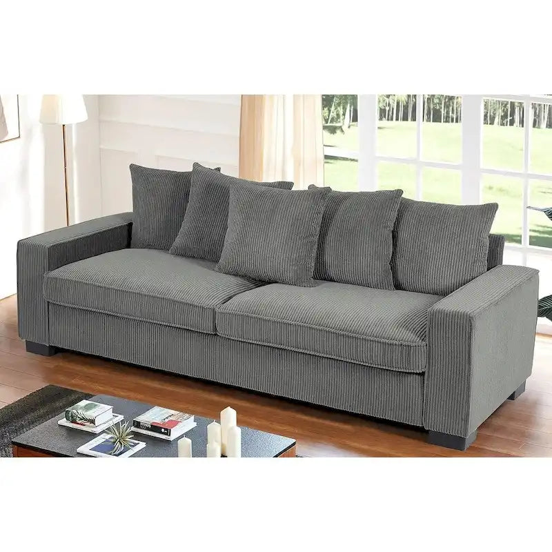 Canapé de salon de luxe avec 5 coussins décoratifs complémentaires, revêtement en velours côtelé doux, design épuré, grande taille