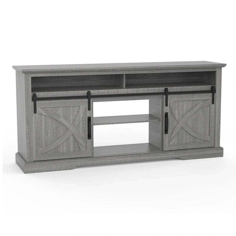 Meuble TV coulissant gris 68 po avec compartiment de rangement ouvert