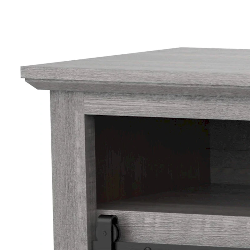 Meuble TV coulissant gris 68 po avec compartiment de rangement ouvert