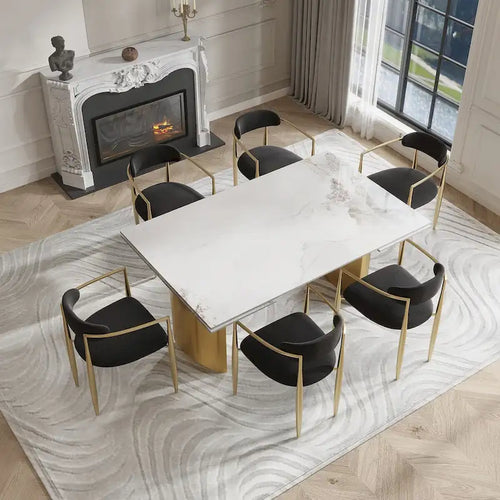Ensemble de salle à manger moderne minimaliste 9 pièces avec plateau en pierre frittée extensible et double piédestal de 240 cm