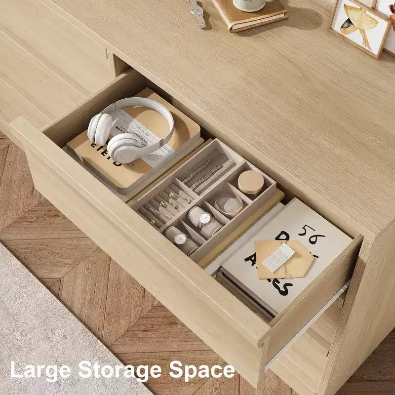 Commode 6 tiroirs CuisinSmart pour chambre à coucher, double commode de rangement naturelle avec poignées concaves, commode moderne, bois naturel