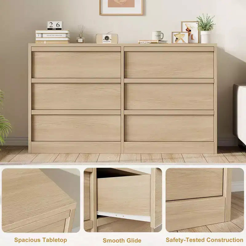 Commode 6 tiroirs en chêne naturel de 119 cm de large, grand buffet en bois avec grande capacité de rangement, pour salon, entrée