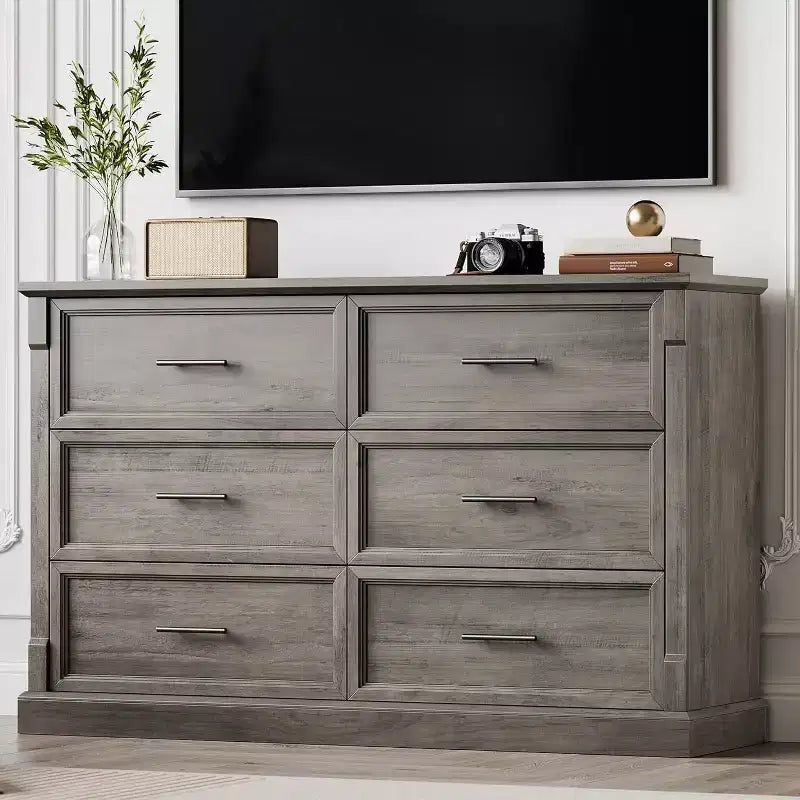 COZONY 47 Commode de ferme à 6 tiroirs, double commode rustique en bois avec poignées en métal pour chambre, salon et rangement de couloir
