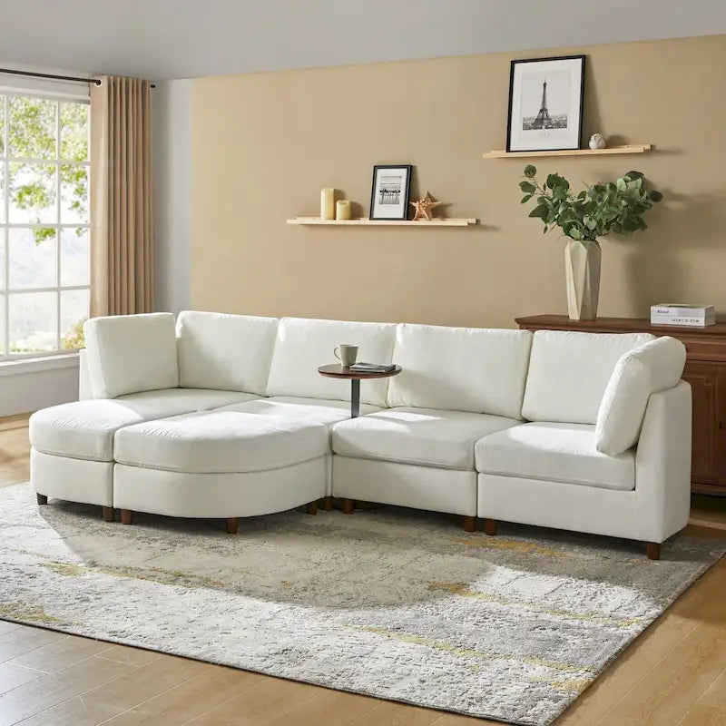 Canapé d'angle Mattia moderne avec rangement sous l'assise, table ronde et pieds en bois massif par HULALA HOME