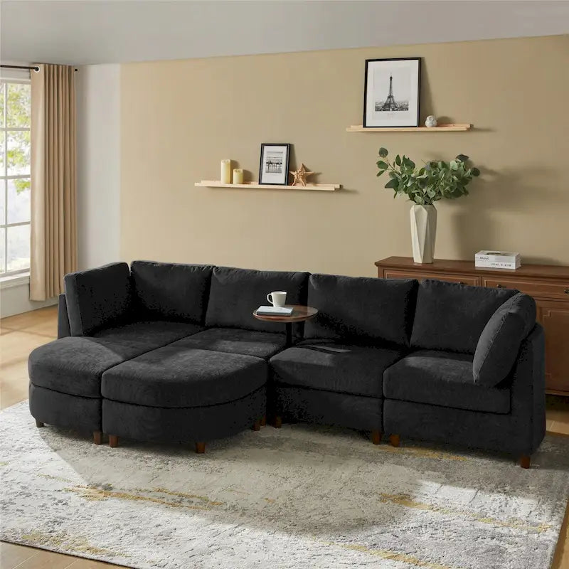 Canapé d'angle Mattia moderne avec rangement sous l'assise, table ronde et pieds en bois massif par HULALA HOME