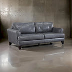 Lisa 88 Inch Sofa, Gray Top Grain and Split Leather, Brown Solid Wood