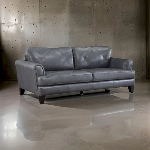 Lisa 88 Inch Sofa, Gray Top Grain and Split Leather, Brown Solid Wood