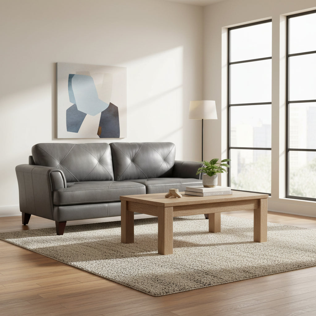 Canapé de 88 pouces, cuir pleine fleur et croûte de cuir gris, bois massif marron