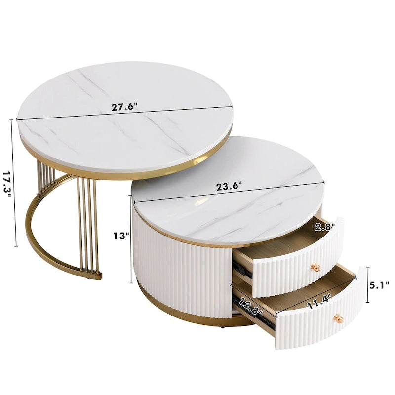 2 tables basses gigognes rondes blanches avec tiroirs