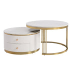 2 tables basses gigognes rondes blanches avec tiroirs