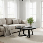 Raj 39 Inch Round Coffee Table, Cross Legs Design, Black Acacia Wood, Iron