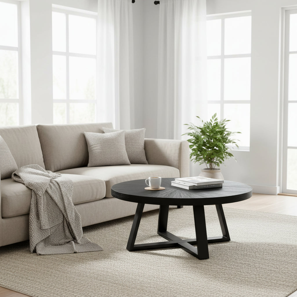 Raj 39 Inch Round Coffee Table, Cross Legs Design, Black Acacia Wood, Iron