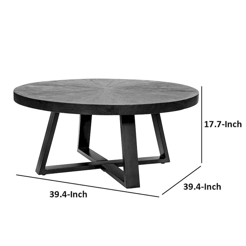 Table basse ronde de 39 pouces, design à pieds croisés, bois d'acacia noir, fer
