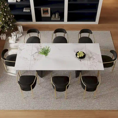 Ensemble de salle à manger extensible moderne et minimaliste de 9 pièces avec plateau en pierre frittée de 240 cm, double piédestal et 8 chaises en tissu