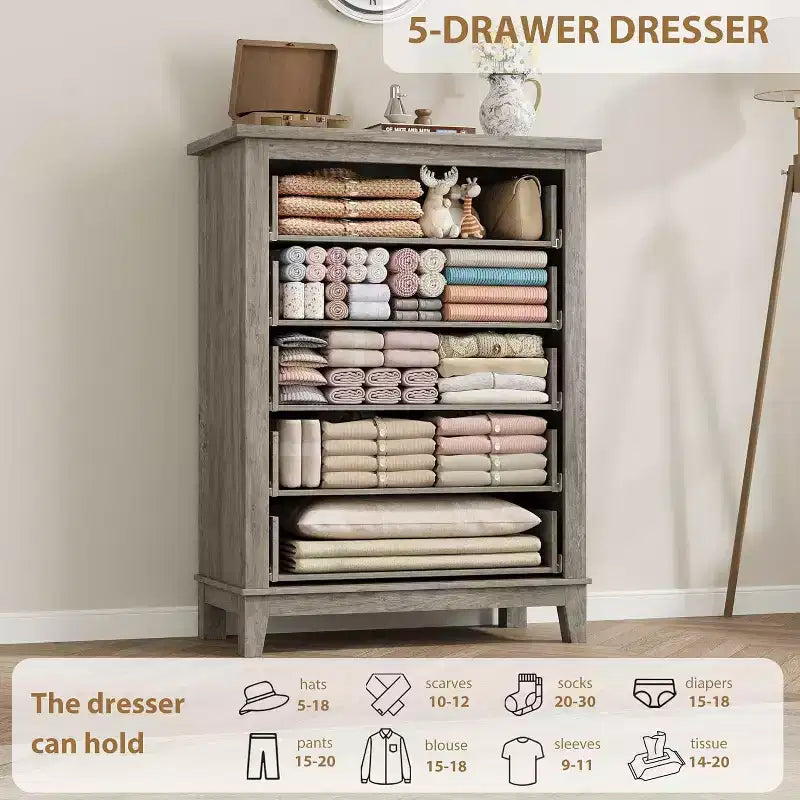 Commode à 5 tiroirs pour chambre à coucher, commode verticale haute de 105 cm avec rangement, commode de rangement en bois pour salon, chambre à coucher