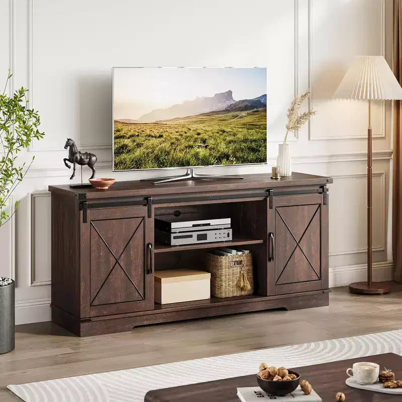 Meuble TV de style rustique pour téléviseurs jusqu'à 65 pouces, meuble de rangement avec portes coulissantes de grange, placards de rangement en bois et étagère réglable
