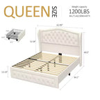 Cadre de lit plateforme Dyonery Queen Size, lit rembourré en velours avec tête de lit capitonnée à boutons profonds et ailes cloutées / Aucun sommier tapissier requis