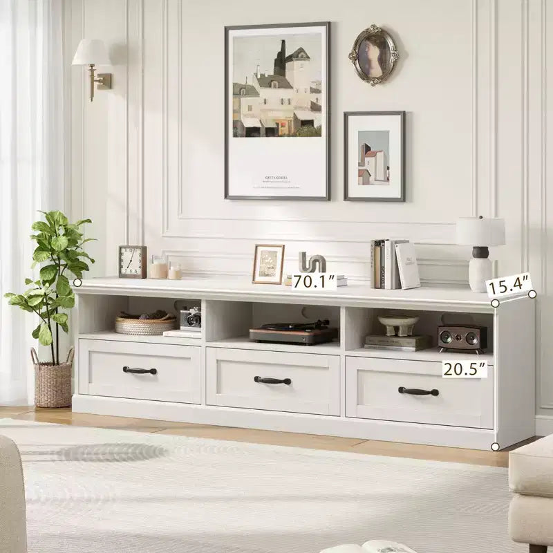 Meuble TV 70 pouces pour téléviseurs jusqu'à 80 pouces, meuble de divertissement moderne du milieu du siècle avec tiroir, meuble TV console média pour salon, chambre à coucher