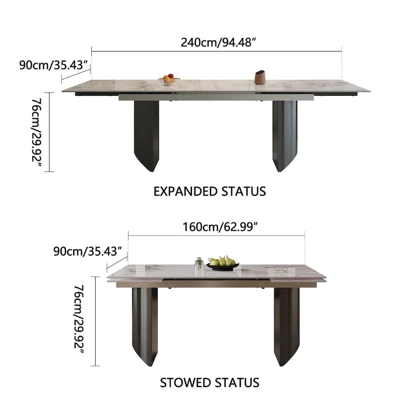 Ensemble de salle à manger extensible moderne et minimaliste 9 pièces 94.48 avec plateau en pierre frittée et double piédestal, avec 8 chaises en tissu
