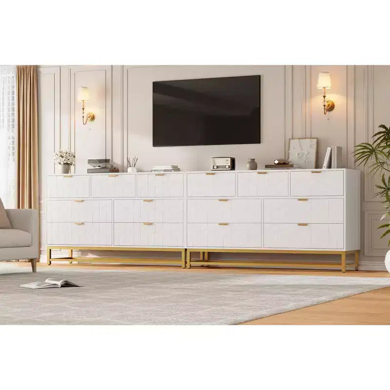 Commode pour chambre à coucher, commode de 136 cm de large avec 7 tiroirs, poignées et pieds en métal doré, commode moderne pour placard, couloir