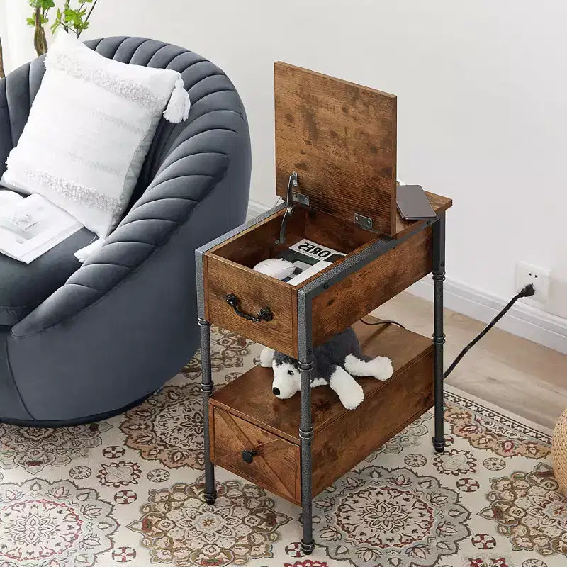 Table de chevet VECELO avec station de charge et tiroir, table d'appoint étroite avec port USB et prises électriques pour salon ou chambre à coucher, marron