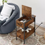 Table de chevet VECELO avec station de charge et tiroir, table d'appoint étroite avec port USB et prises électriques pour salon ou chambre à coucher, marron