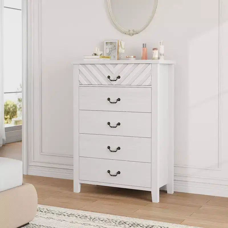 TROPOW Commode 5 tiroirs pour chambre à coucher, commode haute de 114,8 cm, tiroir vertical avec rangement autoportant, armoire de rangement en bois pour chambre à coucher
