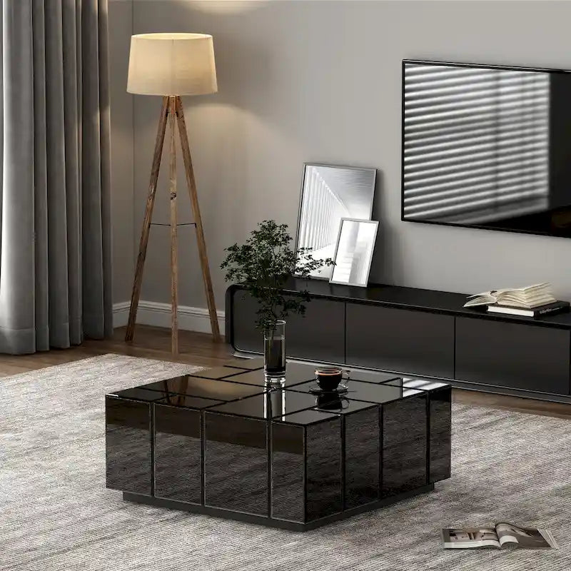 Table basse carrée moderne avec plateau central en miroir noir