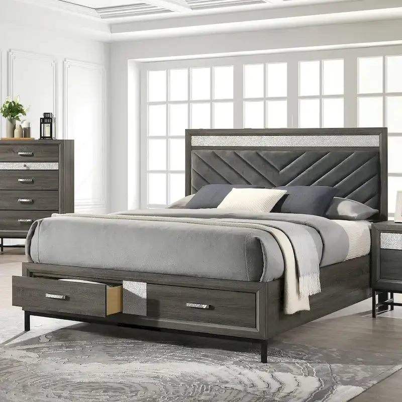 Ensemble de chambre à coucher 5 pièces avec plateforme contemporaine Heinisk gris de Furniture of America