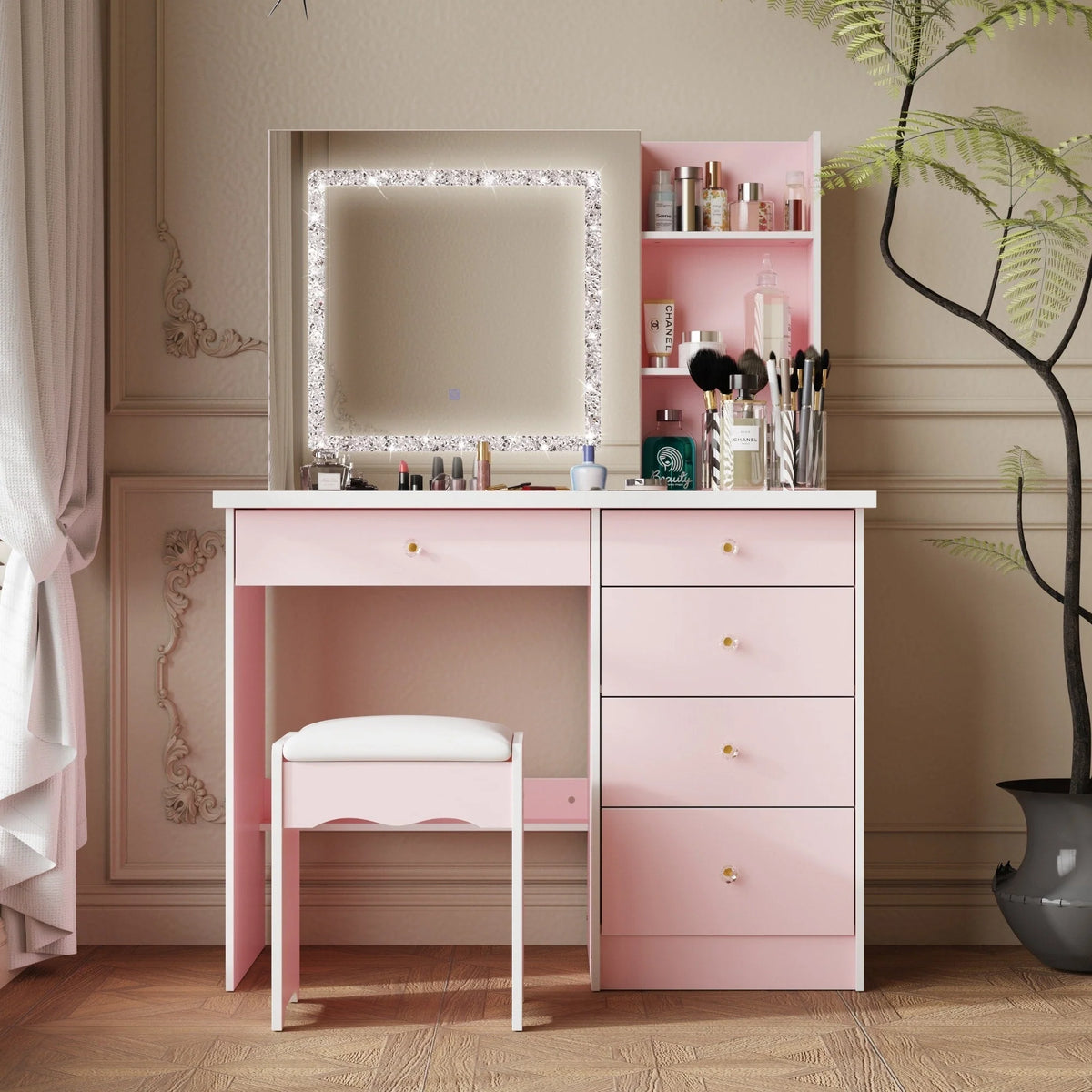Coiffeuse de 99 cm de large avec tabouret et miroir